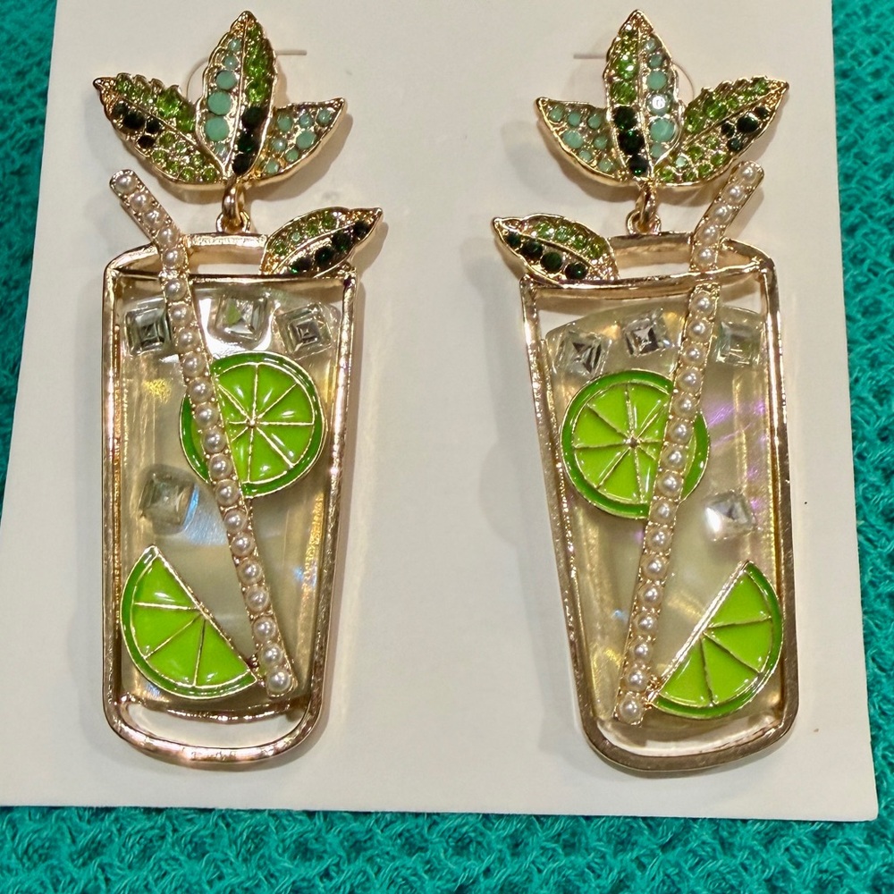Cocktail Earrings Fun Statement Sparkle Rhinestone Lime Mint Mojito Vacation - Picture 2 of 6
